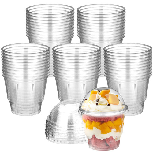 BALDCC 12 OZ 100 Count Clear Plastic Cups with Dome Lids (No Hole), Fruit Cups, Dessert Cups,Disposable Clear PET Dessert Cups for Cold Drinks, Fruit, Ice Cream, Cupcake,Yogurt