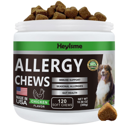 HEYISME Dog Allergy Relief Chews, Itch Relief and Probiotics for Dogs, Fish Oil Omega 3, Seasonal Allergies, Itchy Skin Relief, Anti Itch Treats, Immune Health Supplement (Chicken, 120 Chews) HEYISME Dog Allergy Relief Chews, Itch Relief and Probiotics for Dogs, Fish Oil Omega 3, Seasonal Allergies, Itchy Skin Relief, Anti Itch Treats, Immune Health Supplement (Chicken, 120 Chews)