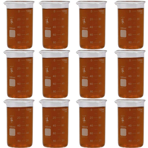 100ml Beaker, Tall Form, 3.3 Borosilicate Glass, Double Scale, Graduated, Karter Scientific 213F7 (Pack of 12)