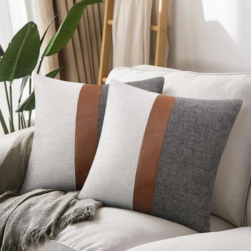 Merrycolor Set of 2 Faux Leather and Linen Pillow Covers 18x18 Inch Patchwork Modern Farmhouse Throw Pillow Covers Brown Leather Decorative Pillow Cover for Couch Sofa Bed (Gray and Brown)