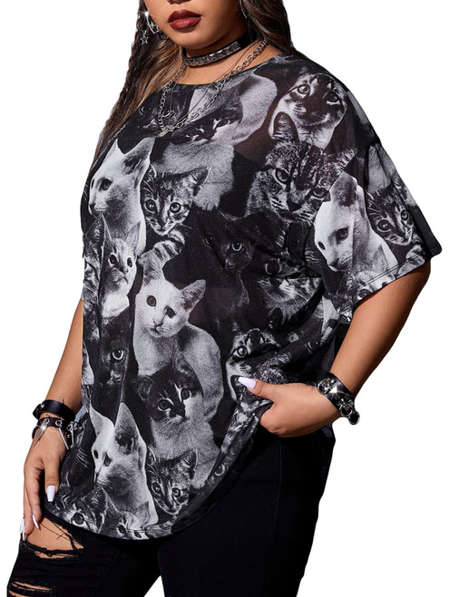 Floerns Women's Plus Size Short Sleeve Sheer Mesh Tops T Shirt Blouse Black Cat 2XL