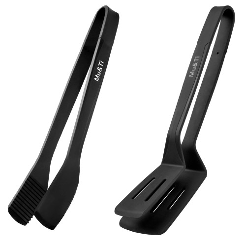 Silicone Kitchen Tongs 2-in-1 11 Inch Premium Stainless Steel Barbecue Clamp Multipurpose BBQ Clamp Spatula for Gripper Bread Clip/Fried Steak Clamp/Flipping Fish/Beefsteak Flipper Two Set(Black)
