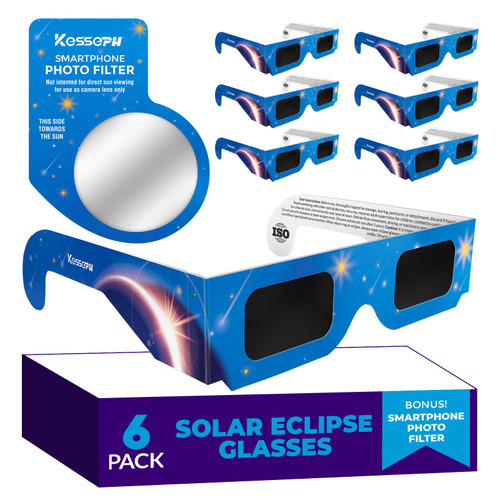Solar Eclipse Glasses Approved 2024, (6 Pack) CE and ISO Certified Solar Eclipse Observation Glasses, Safe Shades for Direct Sun Viewing, Bonus Smartphone Photo Filter Lens, Blue Stars Design