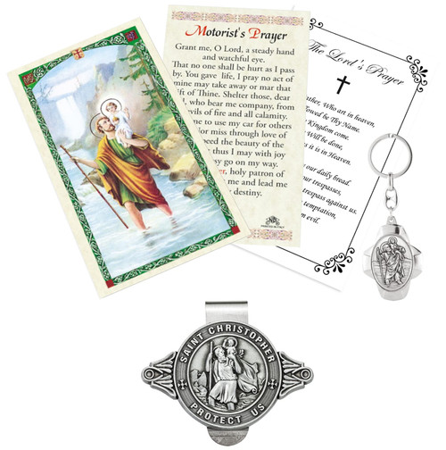 St Christopher Visor Clip Medal for Car - Keychain, Laminated Motorist's Saint Christopher Prayer Card, The Lord's Prayer | Catholic Patron Saint of Travelers, Highway, Road Travel Themed Set, 4 Items St Christopher Visor Clip Medal for Car - Keychain, Laminated Motorist's Saint Christopher Prayer Card, The Lord's Prayer | Catholic Patron Saint of Travelers, Highway, Road Travel Themed Set, 4 Items