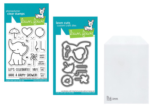 Lawn Fawn Elephant Parade 3"x4" Clear Add-on Stamp, Coordinating Dies, Carnora Stamp/Die Storage 6 mil Pocket, Bundle of 3 Items