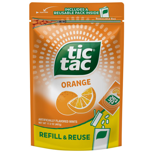 Tic Tac Resealable Refill Bag, Bulk 17.2 Oz, Orange Flavored Mints, On-The-Go Refreshment, Includes Empty Refillable Pack Tic Tac Resealable Refill Bag, Bulk 17.2 Oz, Orange Flavored Mints, On-The-Go Refreshment, Includes Empty Refillable Pack