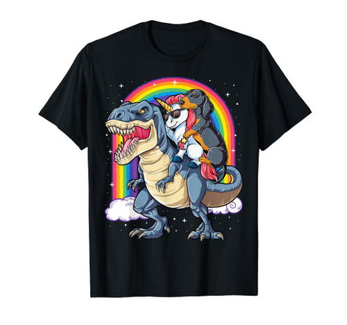 Dachshund Unicorn Riding Dinosaur T rex Gifts Women Rainbow T-Shirt