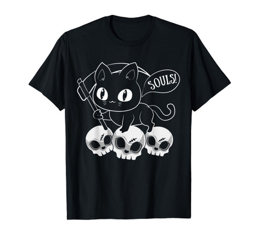 Cat Grim Reaper And Skulls Cat Got Your Soul Halloween T-Shirt