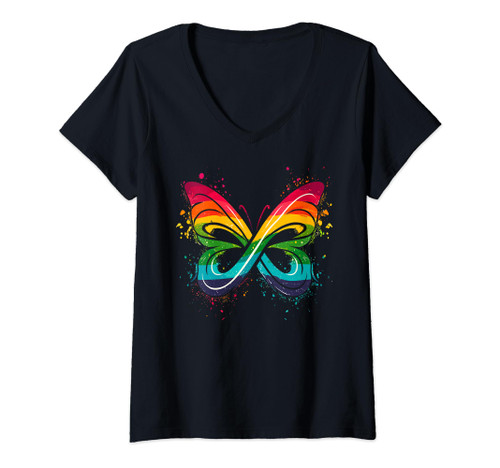 Womens Infinity Rainbow Butterfly Autism Neurodiversity Awareness V-Neck T-Shirt