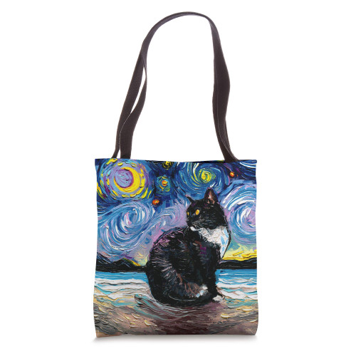 Tuxedo Cat on Beach Starry Night Impressionist Art by Aja Tote Bag
