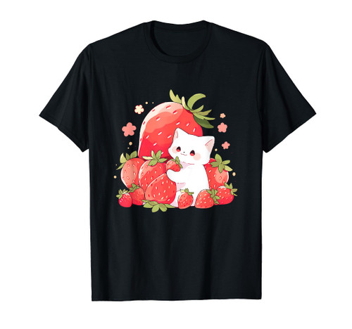 Cottagecore Strawberry Cute Cat Kawaii Anime Neko Strawberry T-Shirt