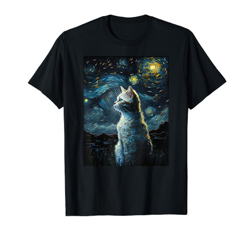 white cat Painting art Starry Night kitty kitten Van Gogh T-Shirt