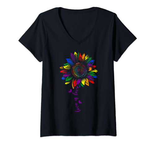 Womens Rainbow Sunflower Love Is Love LGBT Gay Lesbian Pride V-Neck T-Shirt