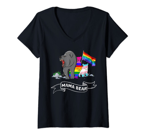 Womens LGBT Mama Bear Gay Pride Equal Rights LGBTQ Rainbow Flag V-Neck T-Shirt