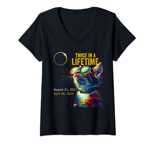 Womens Total Solar Eclipse Twice in Lifetime 2024 Solar Eclipse Cat V-Neck T-Shirt
