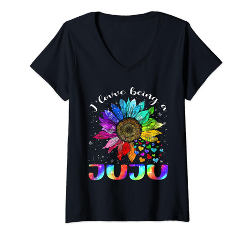 Womens I Love Being A Juju Rainbow Sunflower Heart Mothers Day V-Neck T-Shirt