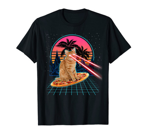 Cat Riding Pizza Laser Eyes 80s Cat In Space Cats Lovers T-Shirt Cat Riding Pizza Laser Eyes 80s Cat In Space Cats Lovers T-Shirt