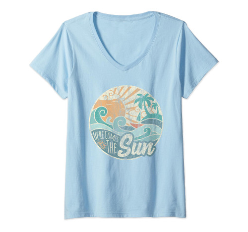 Womens Here Comes The Sun Retro 60s Faded Summer V-Neck T-Shirt