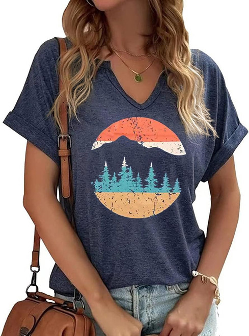 Adventure T-Shirt Women Mountain Hiking Workout T Shirt Casual Outdoor Athletic Short Sleeve Tee Tops(716-Navy,L)