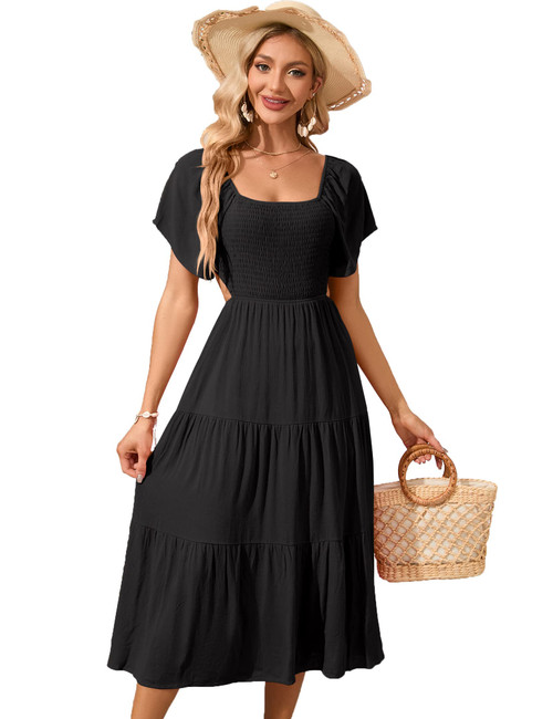 MACNOORA Women's Short Sleeve Square Neck Smocked Summer Dresses Cut Out Ruffle Hem Flowy Boho Maxi Dress Black