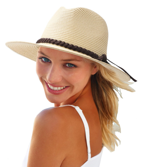 ASSQI Womens Straw Panama Hat Wide Brim Fedora Summer Beach Sun Hat for Women UPF50+ Beige