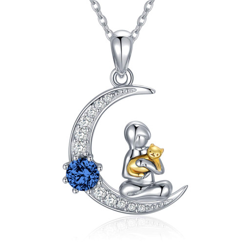 AOBOCO Cat Gifts for Cat Lovers Sterling Silver Moon Cat Pendant Necklace Jewelry with Birthstone Crystals, Birthday Gifts for Women Wife Girlfriend (Simulated Sapphire) AOBOCO Cat Gifts for Cat Lovers Sterling Silver Moon Cat Pendant Necklace Jewelry with Birthstone Crystals, Birthday Gifts for Women Wife Girlfriend (Simulated Sapphire)