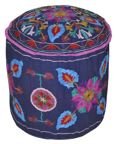 Lalhaveli Embroidered Pouf Cover, Indian Cotton Round Pouffe Ottoman Pouf Cover Pillow Ethnic Decor Art - Cover Only (18x18x18 Inch)