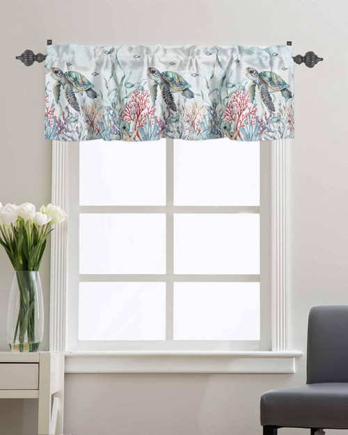 Watercolor Sea Turtle Valance Curtain 54x18in,Nautical Coral Fish Rod Pocket Valances for Kitchen,Sea Creature Seaweed Short Curtains,Marine Life Privacy Curtain Valance,Windows Treatment
