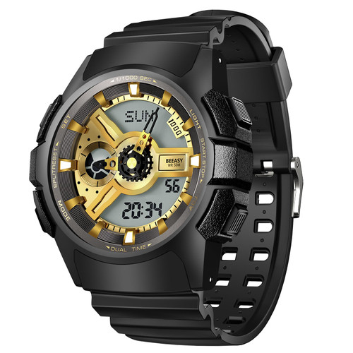 Beeasy Men Digital Sports Watch,Waterproof Watch with Stopwatch Countdown Timer Alarm Function Dual Time Rubber Strap Wrist Watch for Men/Student (Black- Gold)