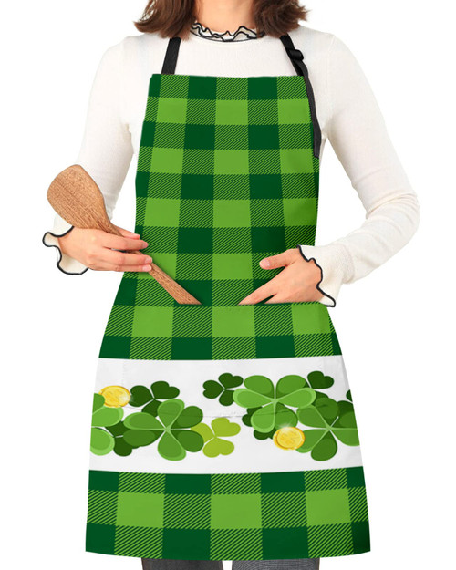 Kitchen Cooking Apron Irish Lucky Shamrock Clover Waterproof Adjustable Bib Aprons for Women/Men with Pockets