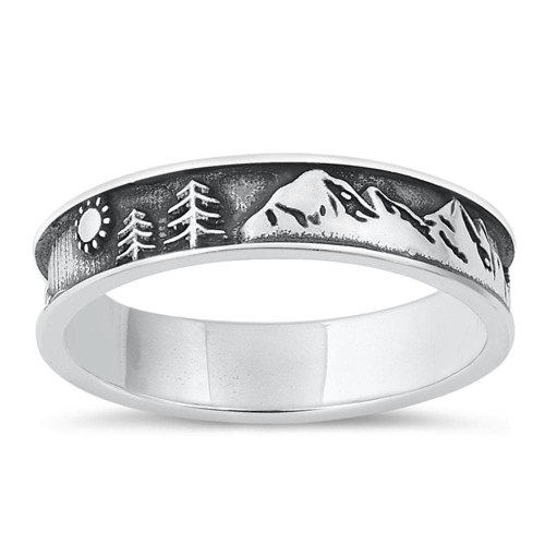 Oxidized Mountain Trees Nature Ring New .925 Sterling Silver Band Size 9