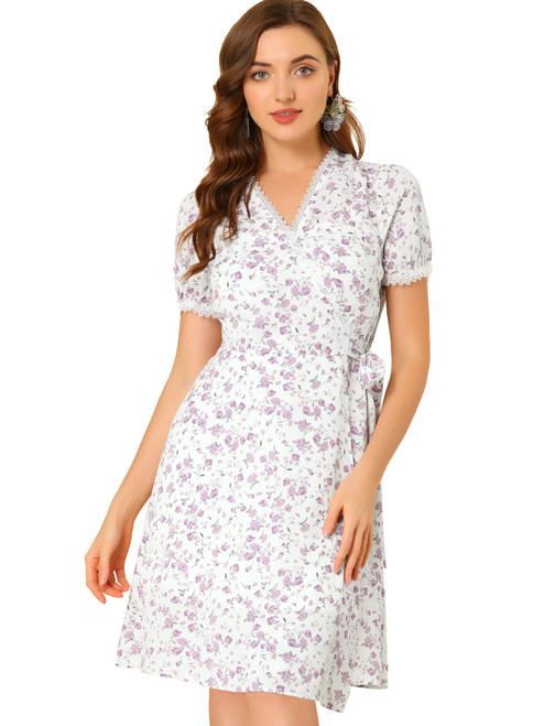 Allegra K V Neck Wrap Dresses for Women's Short Sleeve Knee Length Floral Print Dress Small White