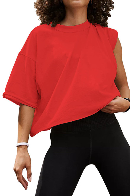 Carpetcom Oversized Workout Shirts for Women Short Sleeve Drop Shoulder Casual Basic Crop Tops Loose Fit Roll Hem Gym Yoga Athletic Tee Red