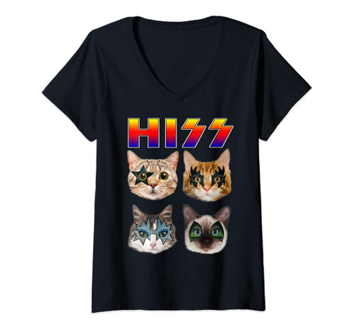 Womens Funny Cat Hiss Rock and Roll For Cat Lover, Cat Dad, Cat mom V-Neck T-Shirt