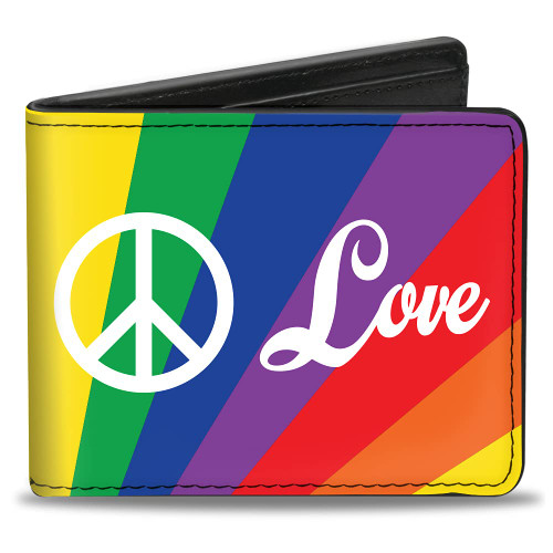 Buckle-Down Men's Wallet, Bifold, Peace and Love Rainbow Rays Multi Color White, Vegan Leather, Pride, 4.0" x 3.5"