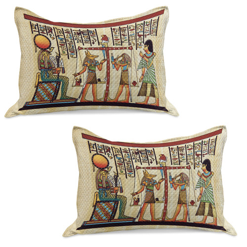 Lunarable Egyptian Print Quilted Pillowcover Set of 2, Papyrus Manuscript and Historical Scenery Picture Illustration, Standard Queen Size Pillow Sham for Bedroom, 30" x 20", Multicolor