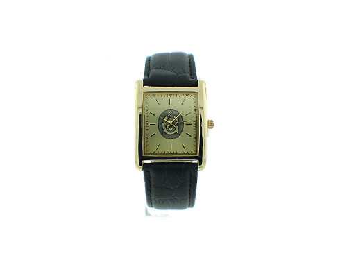 Men's Masonic Watch, Gold Tone, Square Face, Black Leather Band, Quartz Movement, Extravagant Wrist Watch, Captain Bling Watches, Masonic Box.