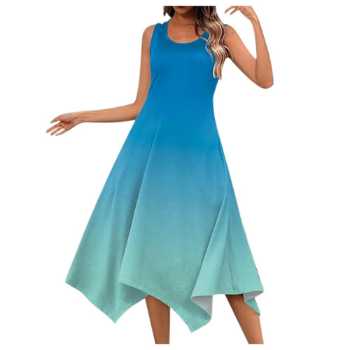 Spring Dresses for Women 2024 Women's Casual Summer Print Sleeveless Dress Handkerchief Hem Maxi Tank Top Dress with Pockets Beach (Sky Blue, XL)