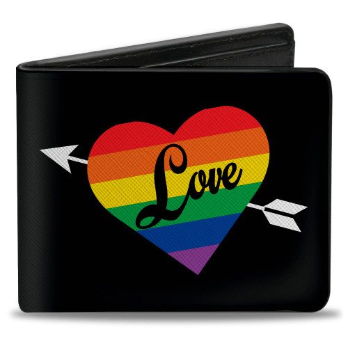 Buckle-Down Men's Wallet, Bifold, Love Rainbow Stripe Heart Black Multi Color, Vegan Leather, Pride, 4.0" x 3.5"