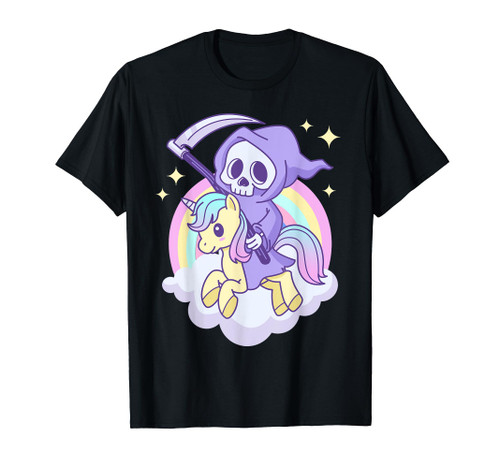 Cute Pastel Goth Grim Reaper On A Unicorn With Rainbow T-Shirt