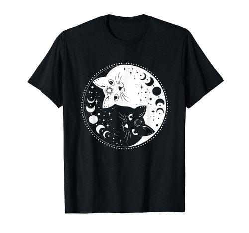 Mystical Cat Yin and Yang Celestial Boho Moon Phases Kitten T-Shirt