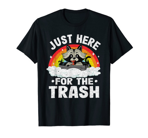 Just Here For The Trash Racoon Retro Rainbow Vintage Raccoon T-Shirt