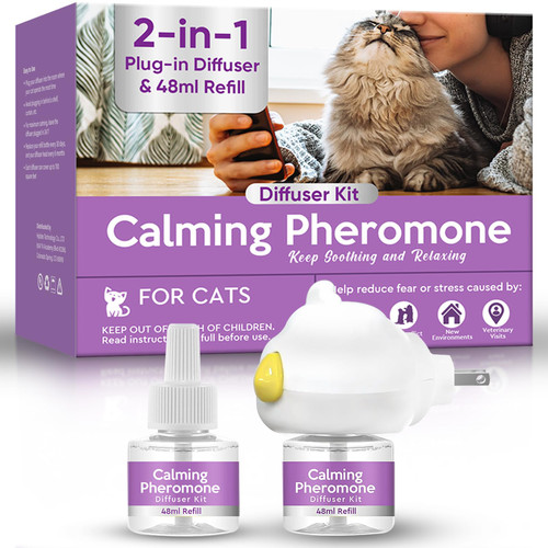 Fancy Pets Cat Pheromones Calming Diffuser, Cat Calming Diffuser Starter Kit with Diffuser Head and 2pcs 48ml Vial, Efficient Relieve Anxiety Stress, 60 Days Use, A02