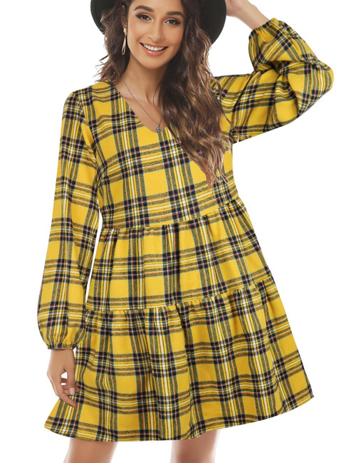 FANCYINN Womens Long Sleeve Buffalo Plaid Shift Tunic Dress Ruffle Hem Vneck Casual Swing Babydoll Mini Dress with Pockets Halloween Yellow S