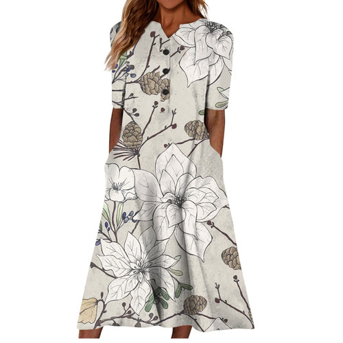 Travel Dress for Women Casual Summer Dresses for Women 2024 Floral Boho Vacation Dress V-Neck Buttons Flowy Loose Midi Dress with Pockets Large White