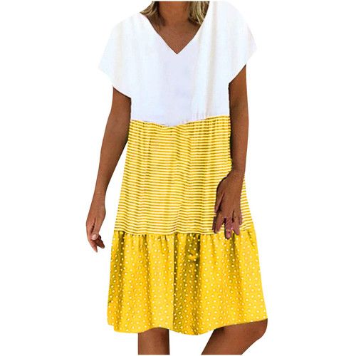 WPOUMV Women Plus Size Summer Dress Striped Polka Dot Short Sleeve V Neck T Shirt Dresses Casual Loose Knee Length Dress