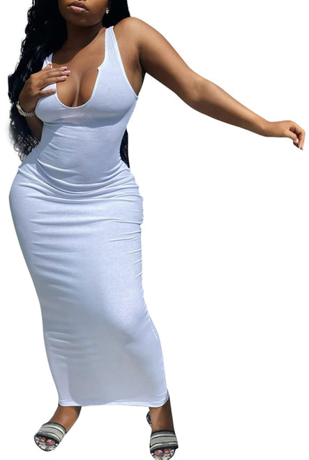 Prekeewil Women's Casual Ladies Sexy Sleeveless Deep V Neck Tank Ribbed Basic Racerback Bodycon Party Club Midi Maxi Dress White Prekeewil Women's Casual Ladies Sexy Sleeveless Deep V Neck Tank Ribbed Basic Racerback Bodycon Party Club Midi Maxi Dress White