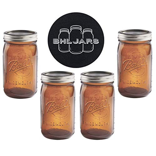 Ball Mason Jars 32 oz Wide Mouth Amber Colored Glass Bundle with Non Slip Jar Opener- Set of 4 Quart Size Mason Jars - Canning Glass Jars with Lids