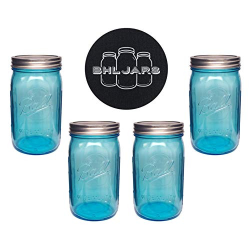 Ball Mason Jars 32 oz Wide Mouth Aqua Blue Colored Glass Bundle with Non Slip Jar Opener- Set of 4 Quart Size Mason Jars - Canning Glass Jars with Lids and Bands
