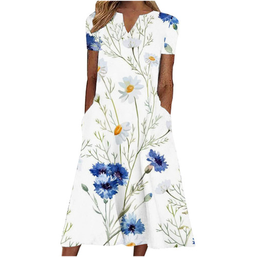 Dresses for Women Summer Casual Tshirt Dress Loose V Neck Floral Printed Sundress Short Sleeve Beach Dress with Pocket midi Dresses for Women Vestidos Sexy Dresses for Women Chiffon Dresses White